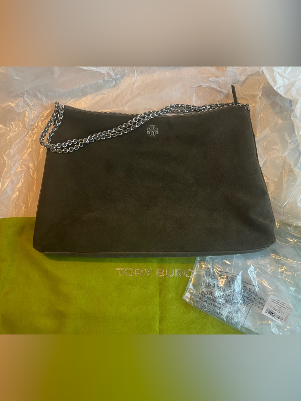 Tory Burch Green Suede Shoulder Bag with Silver Chain